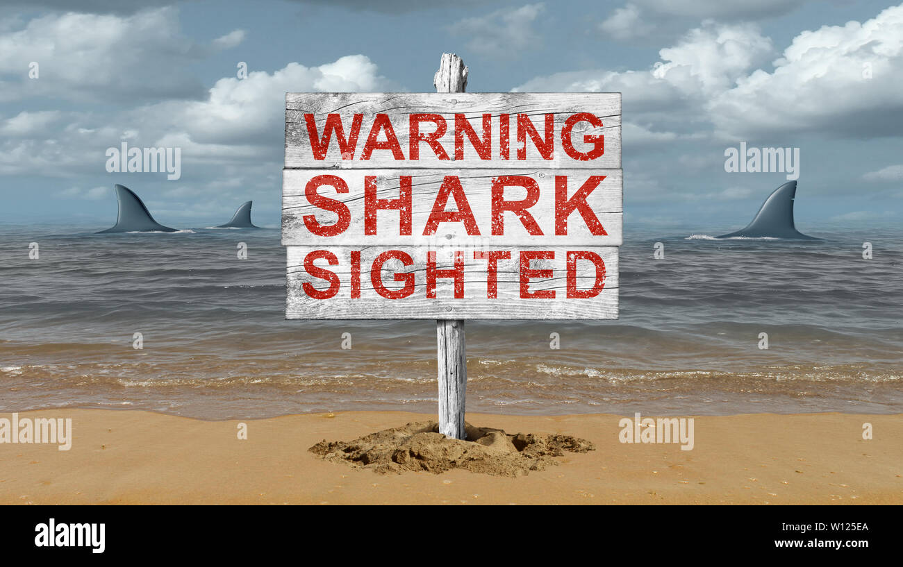 Shark cartello segnaletico e attenzione degli squali signage su una spiaggia con 3D'illustrazione degli elementi. Foto Stock
