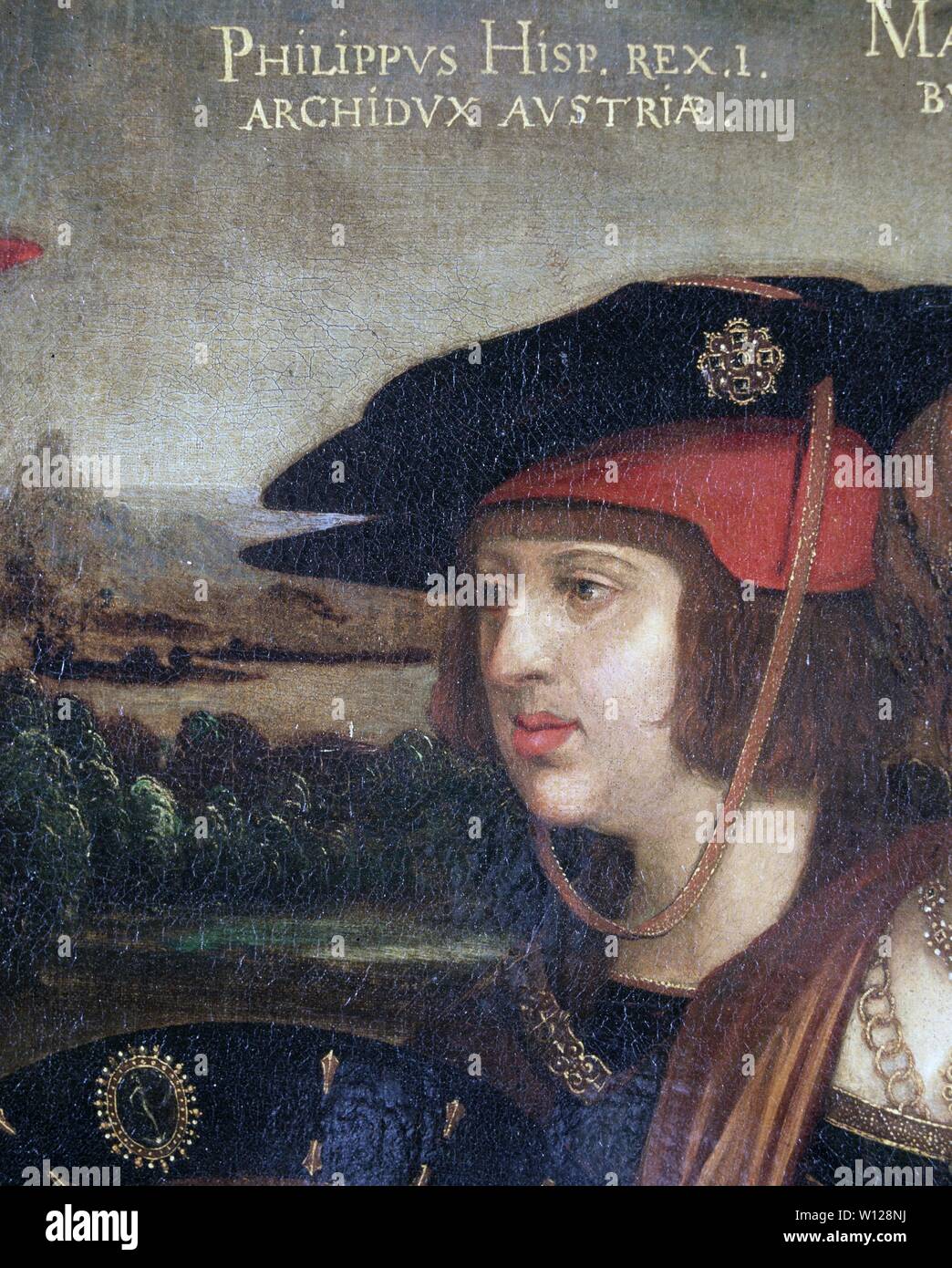 Felipe ho 'el Hermoso' (Brujas, Bélgica, 1478-Burgos, 1506). Soberano de los Paises Bajos (1482-1506) y Rey de Castilla (1504-1506). Hijo de Maximiliano I de Austria y MarÃía de Borgoña. Detalle de Felipe mi en la pintura " El Emperador Maximiliano y su familia" (1515), de Bernhard Strigel (1461-1528). Real Academia de Bellas Artes de San Fernando. Madrid. España. Autore: Bernard Striguel (1461-1528). Foto Stock