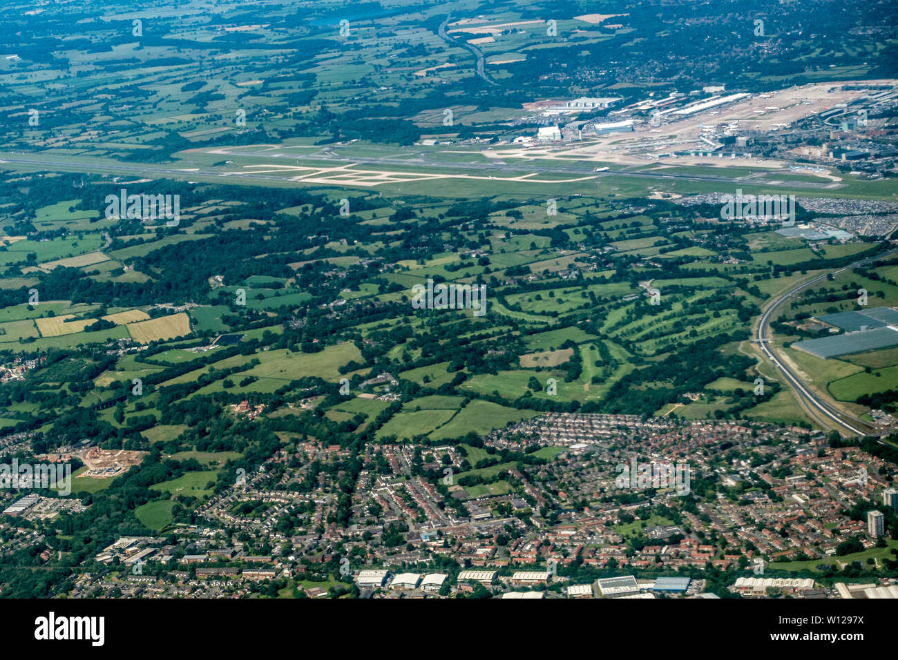 Fotografia aerea dell'aeroporto di Manchester dal di sopra con i piloti viewpoint Foto Stock