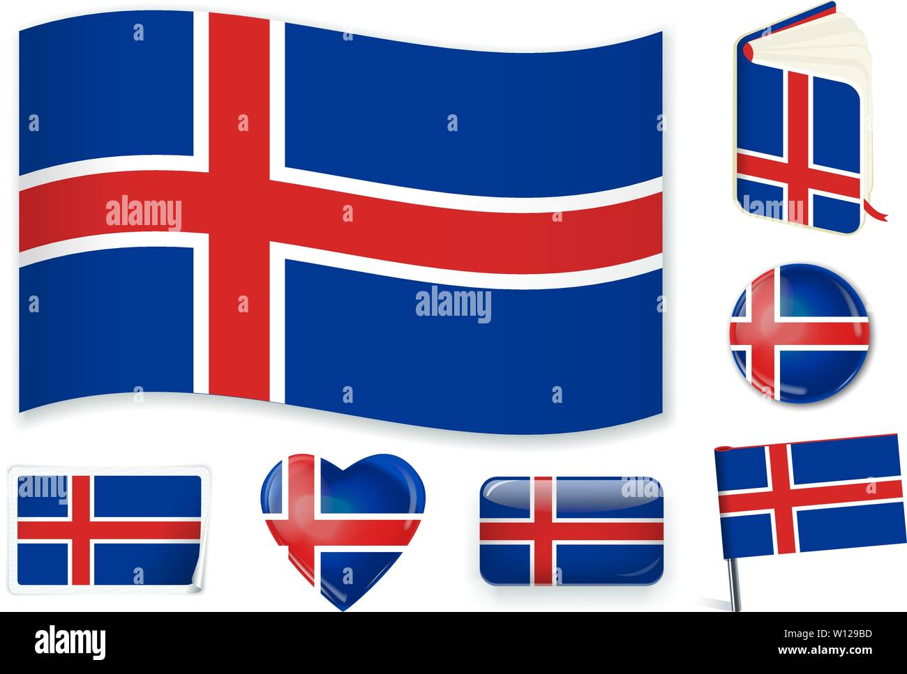 L'Islanda. Islandese bandiera nazionale in onda, prenota, cerchio, pin, cuore pulsante e adesivo forme Illustrazione Vettoriale