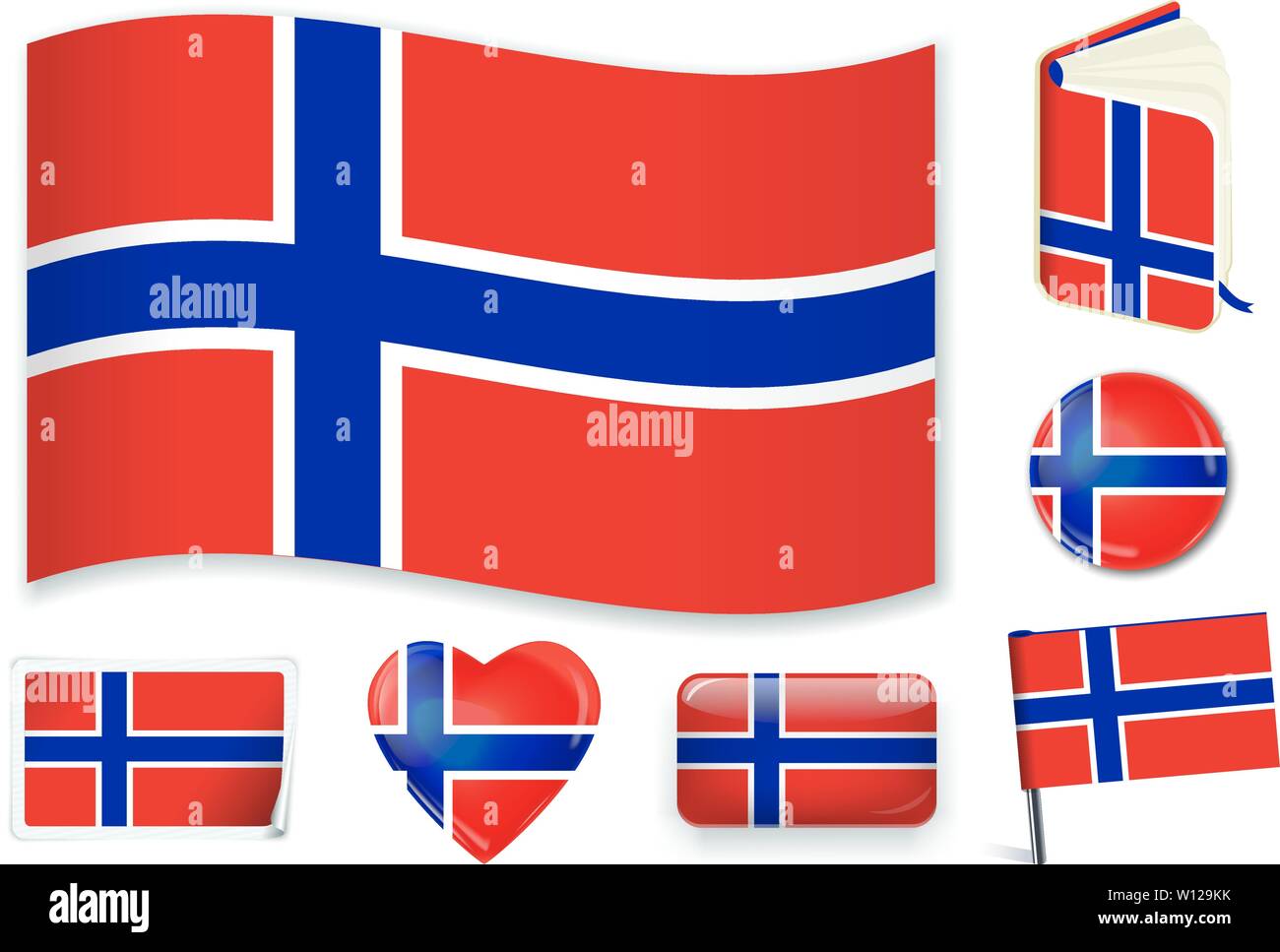 La Norvegia. Norwegian bandiera nazionale in onda, prenota, cerchio, pin, cuore pulsante e adesivo forme Illustrazione Vettoriale