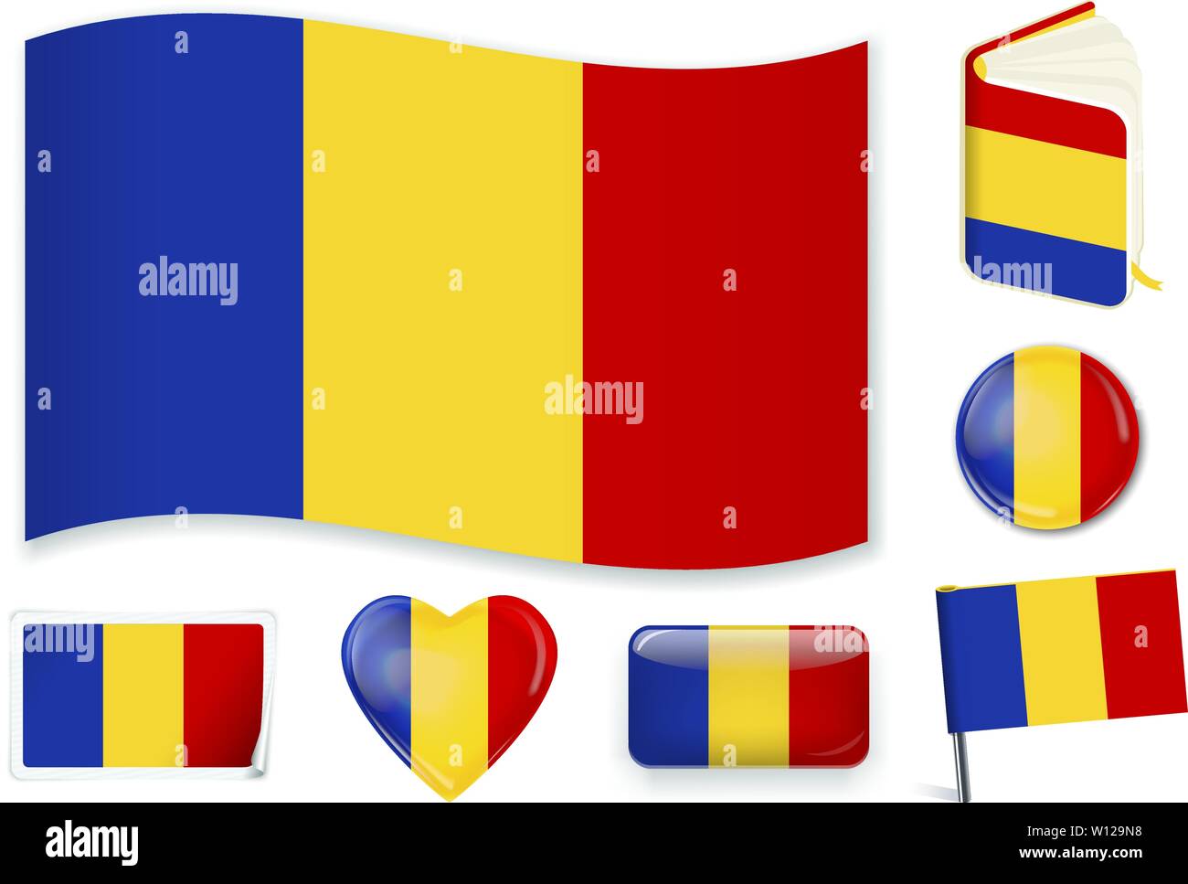 La Romania. Il rumeno bandiera nazionale in onda, prenota, cerchio, pin, cuore pulsante e adesivo forme Illustrazione Vettoriale