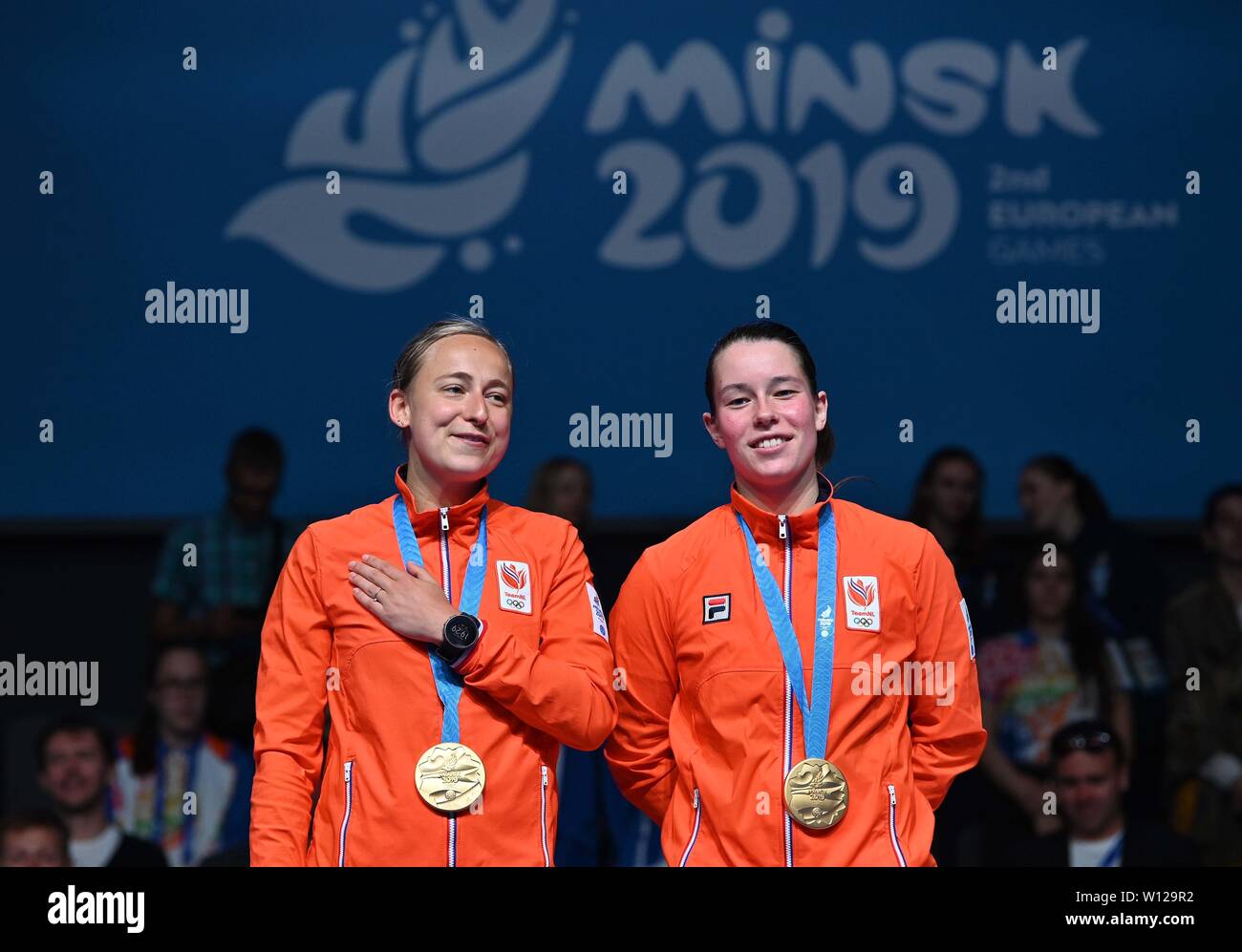 Minsk, Bielorussia. Il 29 giugno, 2019. Gold medalists Selena Piek e Cheryl Seinen (NED) con loro medalsBadminton finali al 2° European games. Credito Bowden Garry/SIP Agenzia fotografica/Alamy live news. Foto Stock