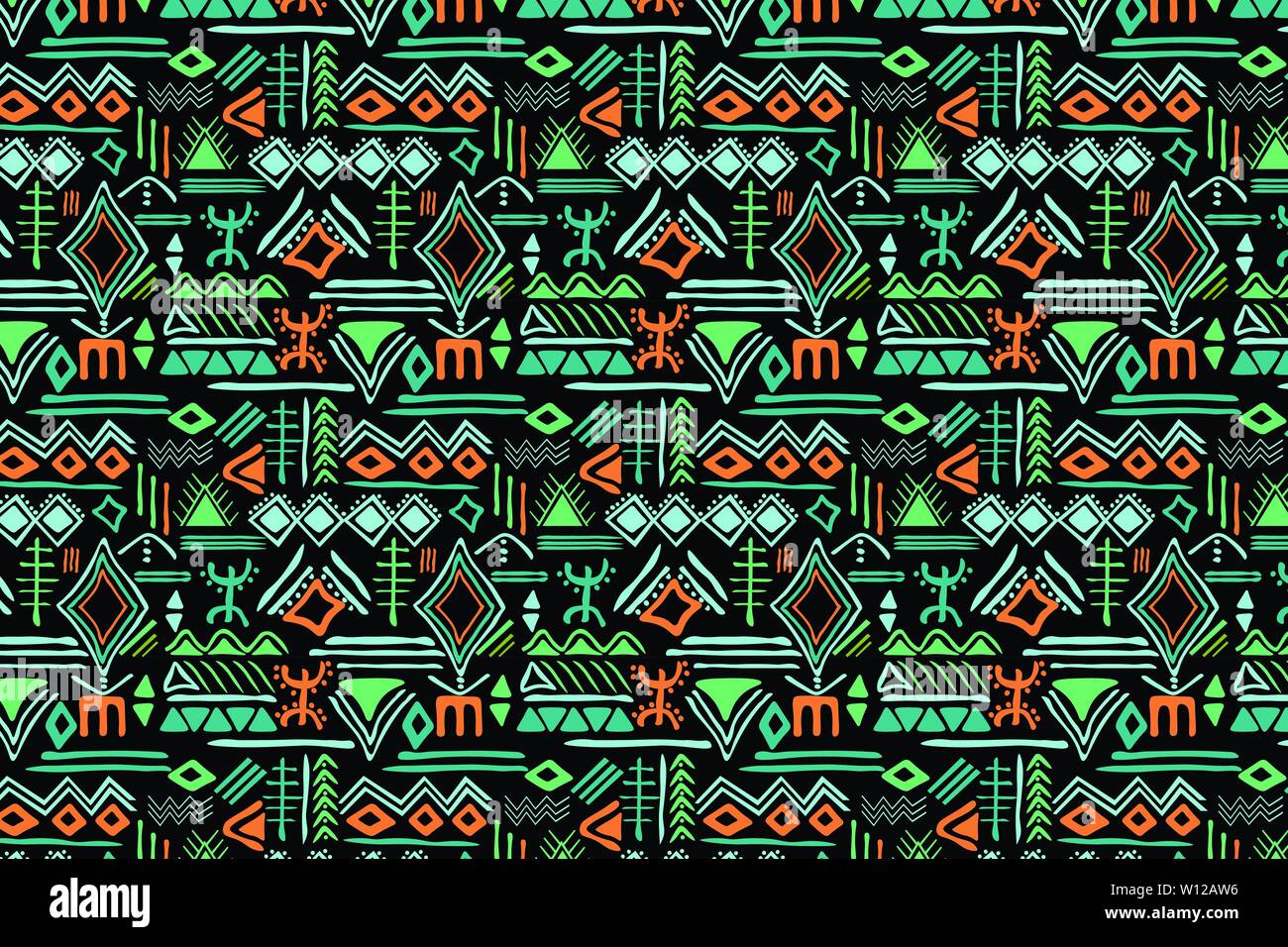 Tribal seamless pattern con arcaica ornamento geometrico. Primitivo stile etnico con disegnato a mano i confini senza fine. Felice colorata tavolozza dei colori Illustrazione Vettoriale