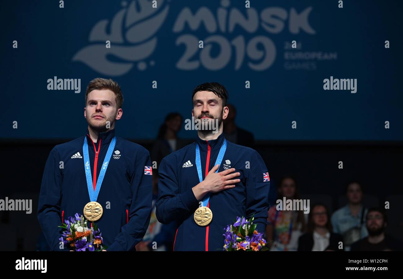 Minsk, Bielorussia. Il 29 giugno, 2019. Marcus Ellis e Christopher Langridge (GBR) con le loro medaglie d oro nella mens raddoppia Badminton finali al 2° European games. Credito Bowden Garry/SIP Agenzia fotografica/Alamy live news. Foto Stock