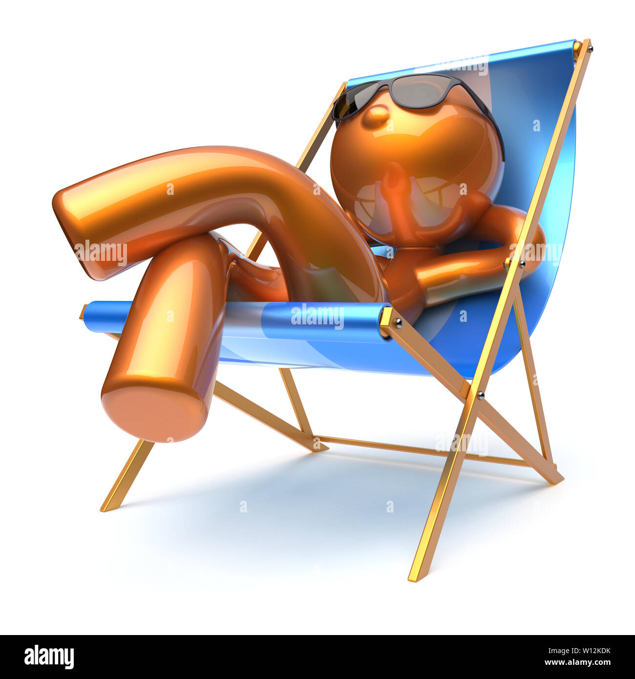 L'uomo dei cartoni animati di refrigerazione rilassante spiaggia sdraio occhiali da sole il comfort estivo stilizzata golden persona sdraio chaise lounge prendisole turistica Foto Stock