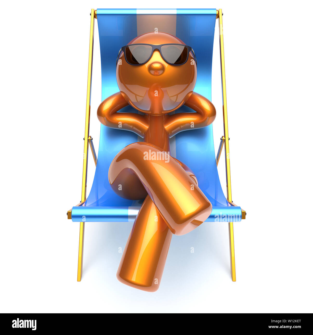L'uomo rilassante spiaggia di refrigerazione sedia a sdraio occhiali da sole il comfort estivo cartoon stilizzato carattere d'oro sdraio chaise lounge persona turistica a prendere il sole Foto Stock