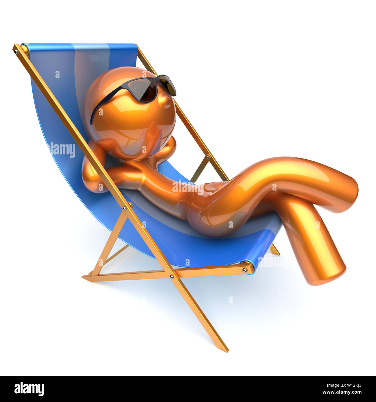 L'uomo rilassante dei cartoni animati di spiaggia di refrigerazione sedia a sdraio occhiali da sole il comfort estivo stilizzata golden persona sdraio chaise lounge prendisole turistica Foto Stock