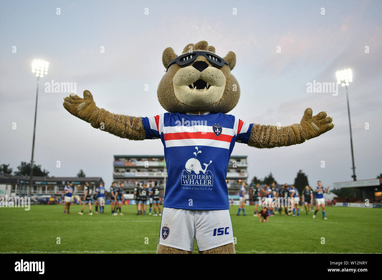 Wakefield, Regno Unito, 28 6 2019. Il 28 giugno 2019. Razzo Mobile Stadium, Wakefield, Inghilterra; Rugby League Betfred Super League, Wakefield Trinity vs Huddersfield Giants; Wakefield trinity mascotte Daddy Cool.. Dean Williams/RugbyPixUK Foto Stock