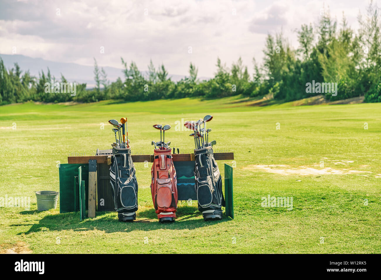 Sacchetti di golf con il club su campo da golf erba verde dello sfondo. Foto Stock