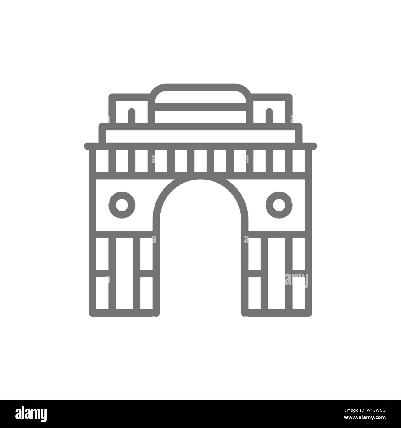 Arco di Triumphal Gate dell India a New Delhi icona linea. Illustrazione Vettoriale