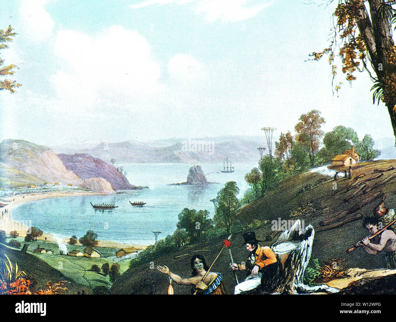 Guide Maori dirigere un europeo Kororareka spiaggia della Baia delle Isole, Nuova Zelanda, in circa 1827. Pittura Originale bt Augusto Earl. Foto Stock