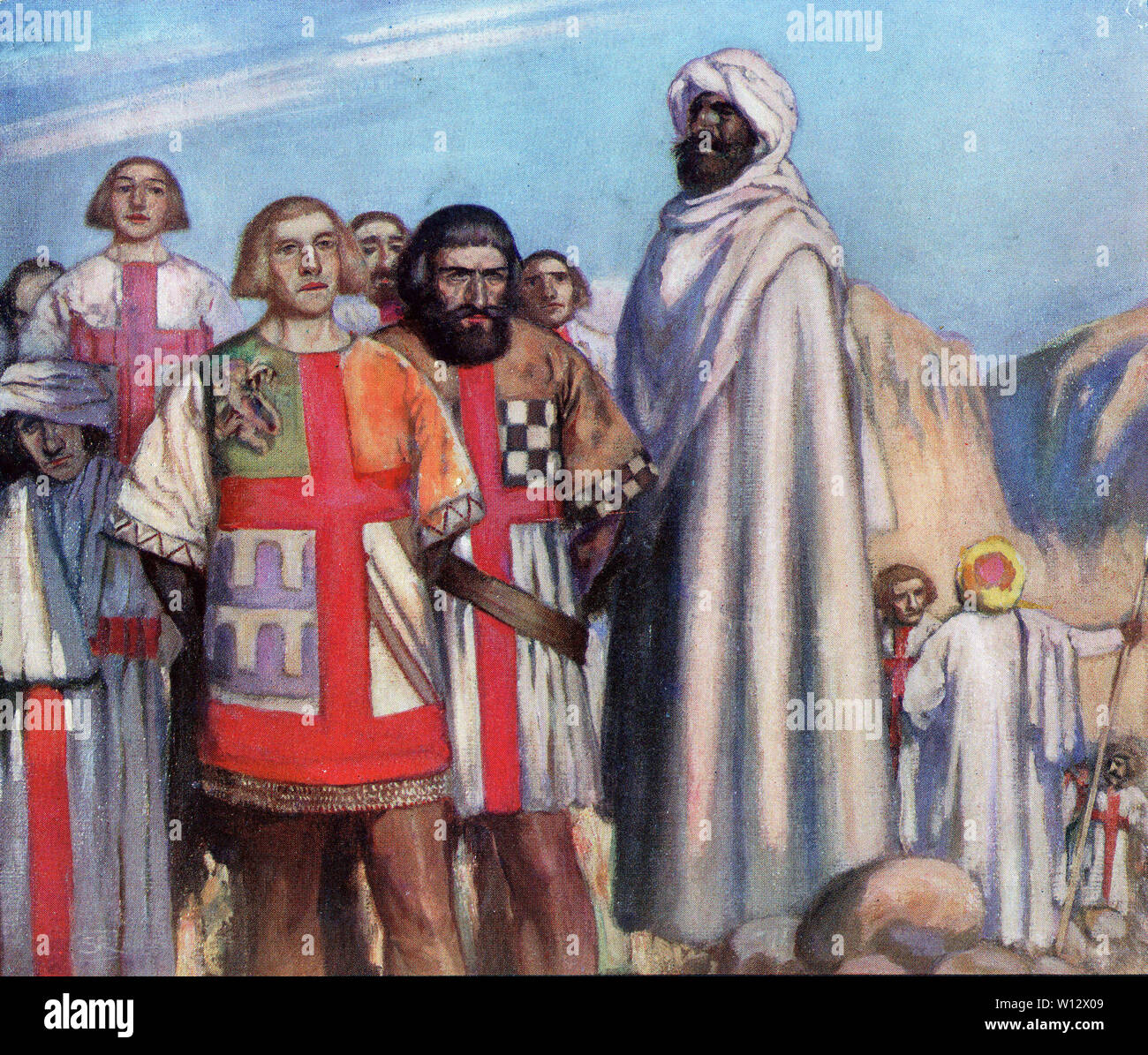 I mezzitoni dei membri dei Cavalieri Templari di fronte al giudizio di Saladino durante le crociate. Dal casco e cruscotto, 1913. Foto Stock