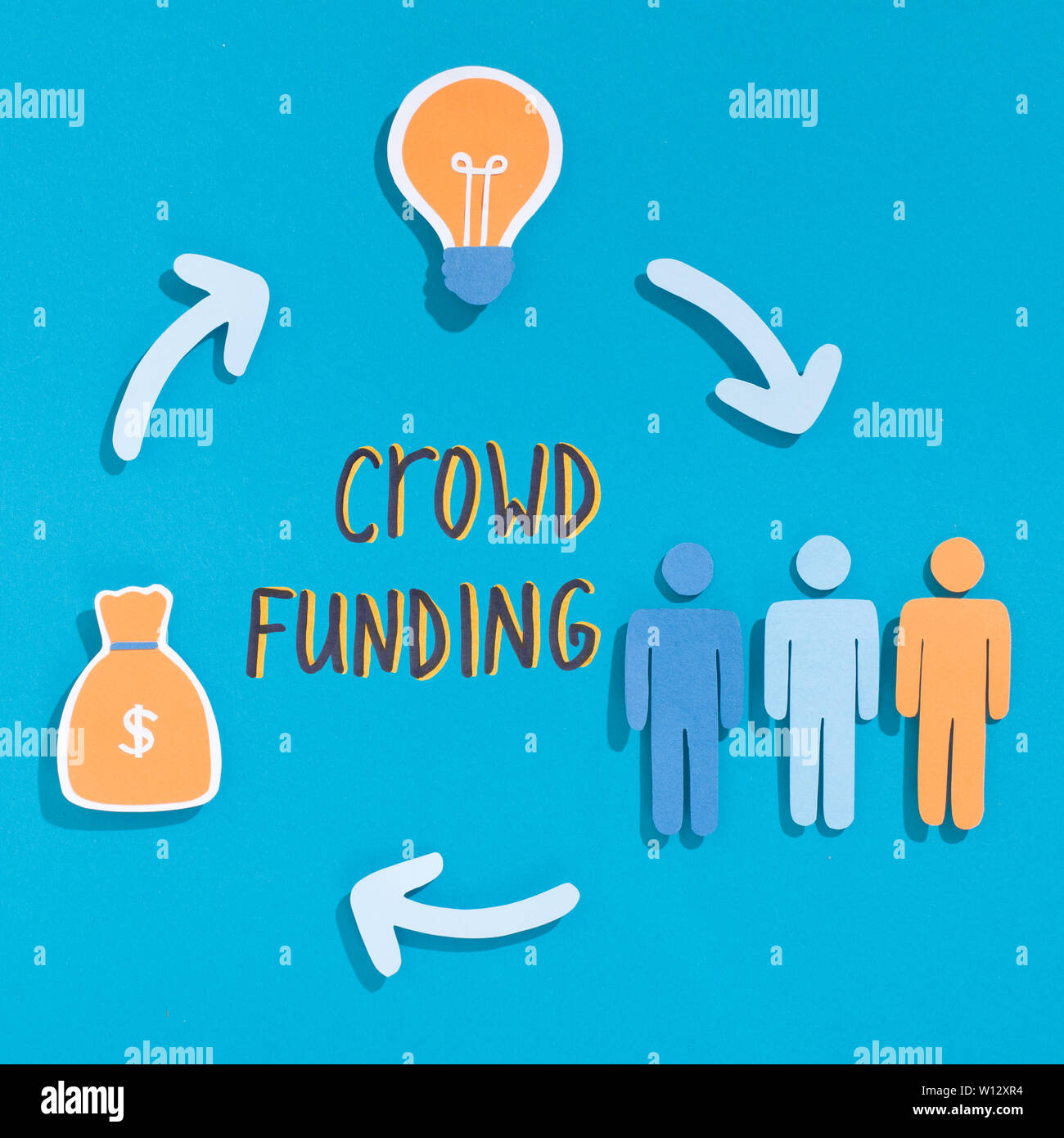 Chiusura del cerchio crowdfunding con persone, idea lampadina e sacco Foto Stock