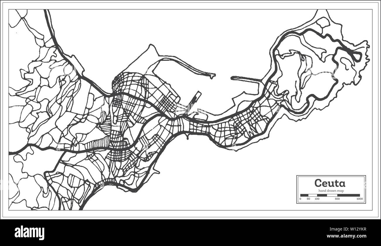 Ceuta Spagna Mappa della città iin bianco e nero colore. Mappa di contorno. Illustrazione Vettoriale. Illustrazione Vettoriale