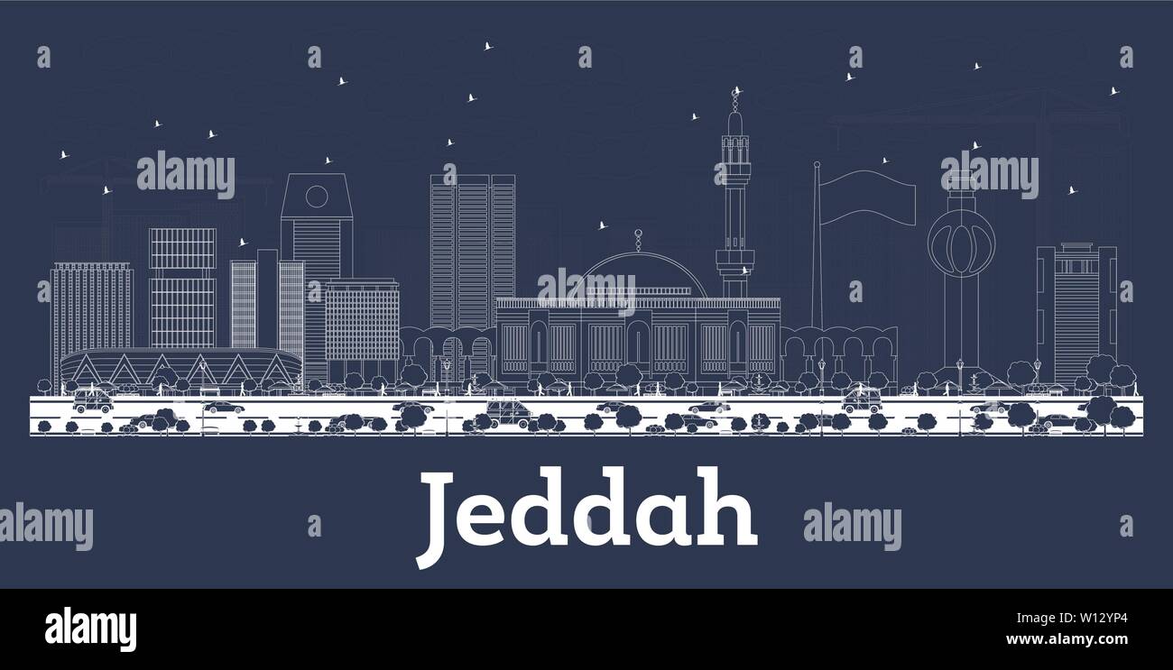 Delineare Jeddah Arabia Saudita skyline della città con edifici bianchi. Illustrazione Vettoriale. Viaggi di affari e di turismo con il concetto di architettura storica. Illustrazione Vettoriale