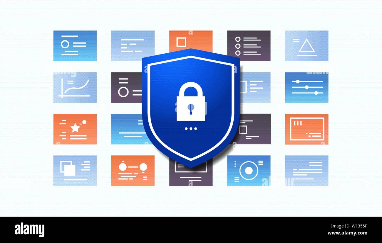Protezione con lucchetto desktop o mobile application software di interfaccia utente dati di sicurezza il concetto di protezione orizzontale piana Illustrazione Vettoriale