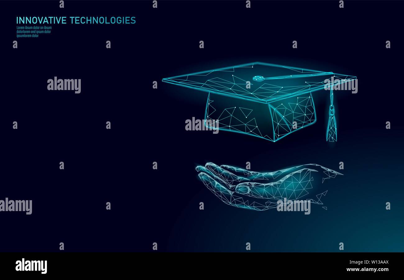 L'E-learning distanza graduate certificate concetto di programma. Bassa poli 3D render graduazione il tappo sul pianeta Terra mappa Mondo modello di pagina di intestazione. Internet Illustrazione Vettoriale