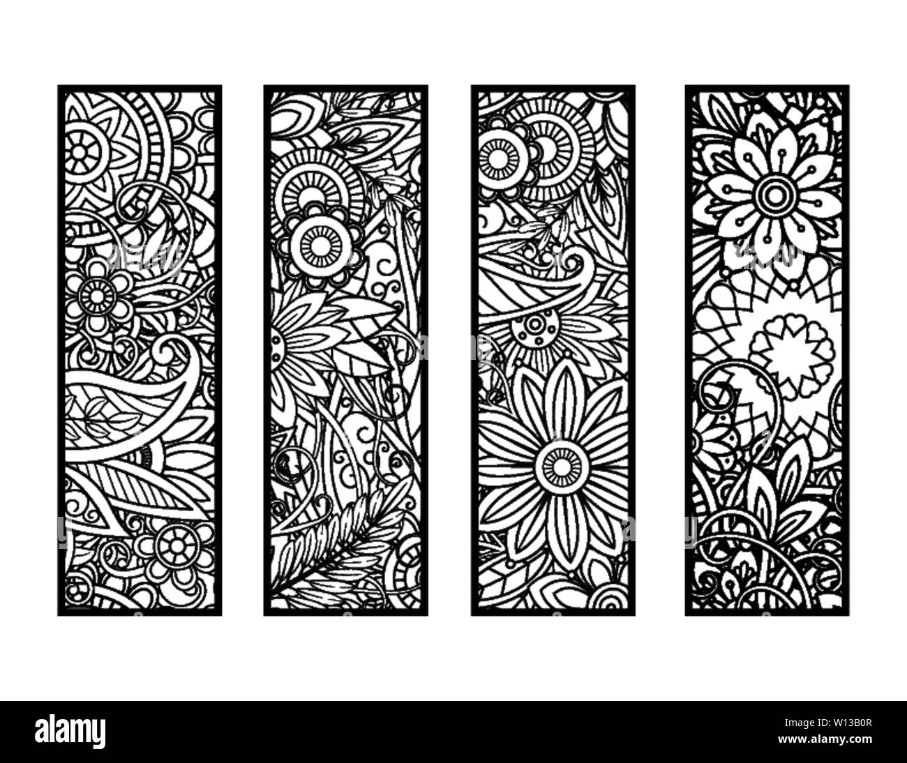 Set di quattro segnalibri in bianco e nero. Doodle fiori e ornamenti per adulto libro da colorare. Illustrazione Vettoriale. Illustrazione Vettoriale