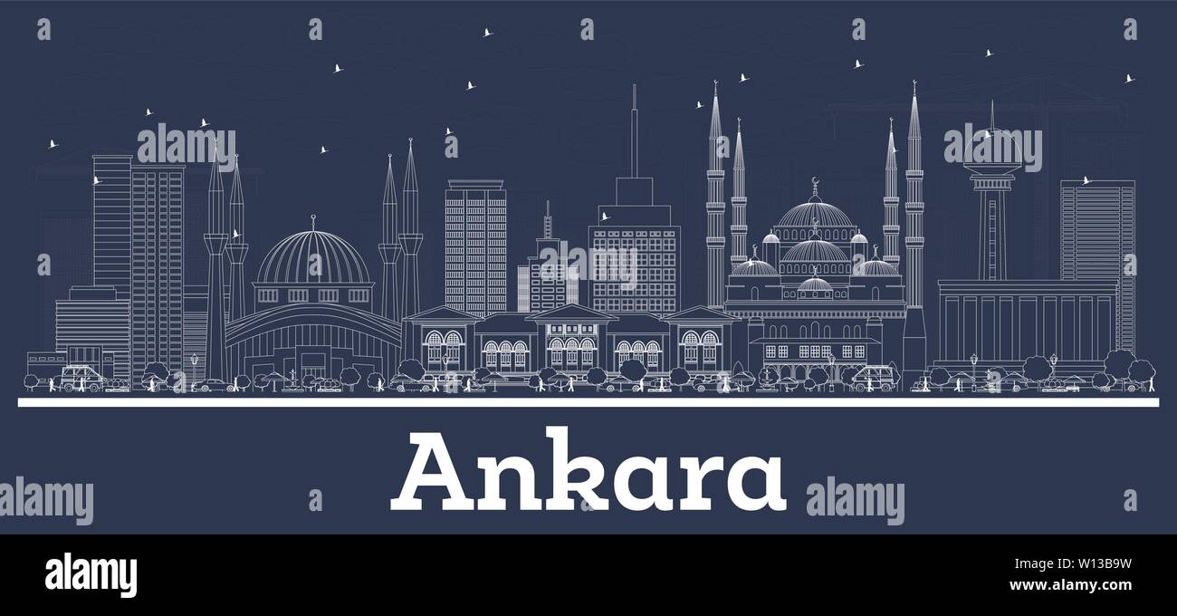 Delineare Ankara Turchia dello skyline della città con edifici bianchi. Illustrazione Vettoriale. Viaggi di affari e di turismo con il concetto di architettura storica. Illustrazione Vettoriale