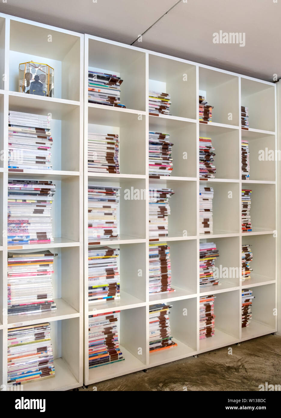 Libro bianco ripiano bellissimo decorare,vari tipi di libri impilati Foto Stock