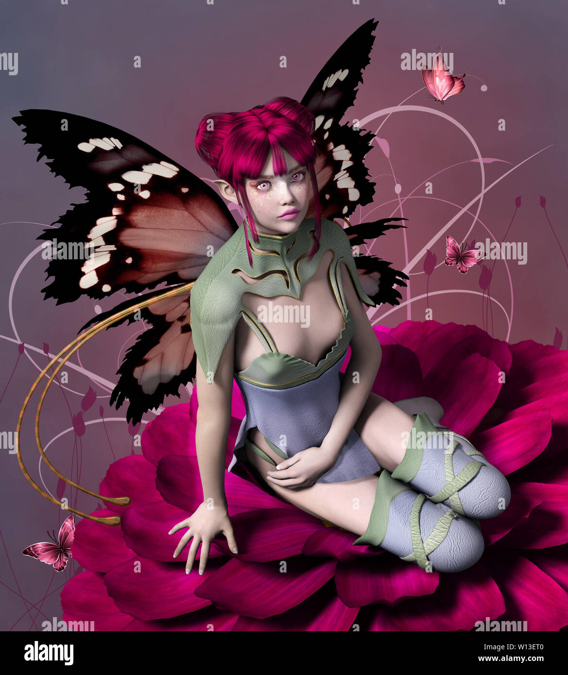 Bella elf con ali di farfalla seduta su un fiore di colore viola Foto Stock
