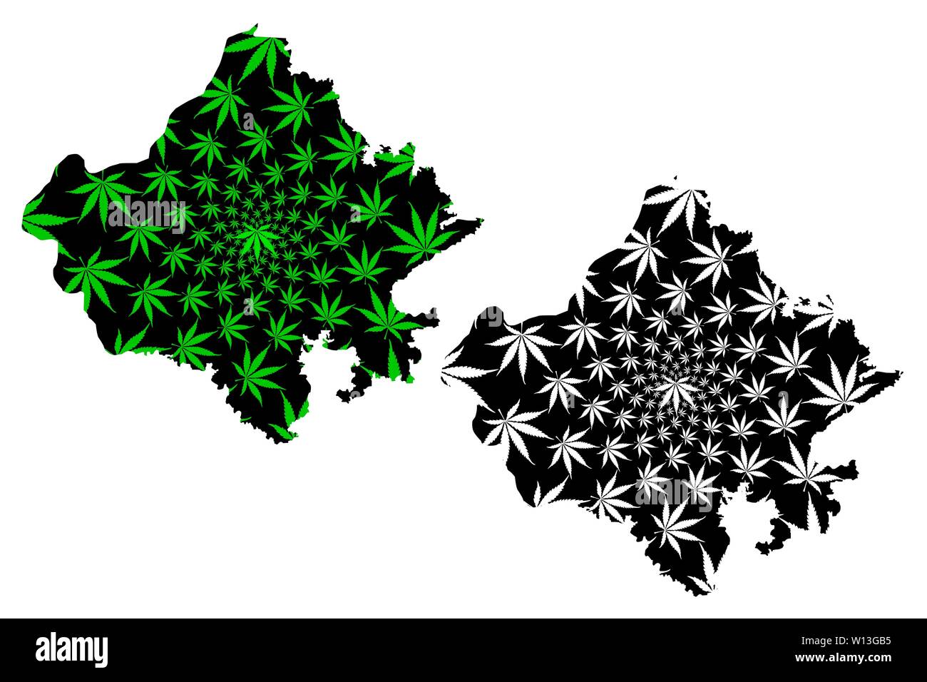 Rajasthan (Stati e territori dell'Unione Indiana, Stati federati, la Repubblica dell' India) mappa è progettato Cannabis leaf verde e nero, il Rajasthan Illustrazione Vettoriale
