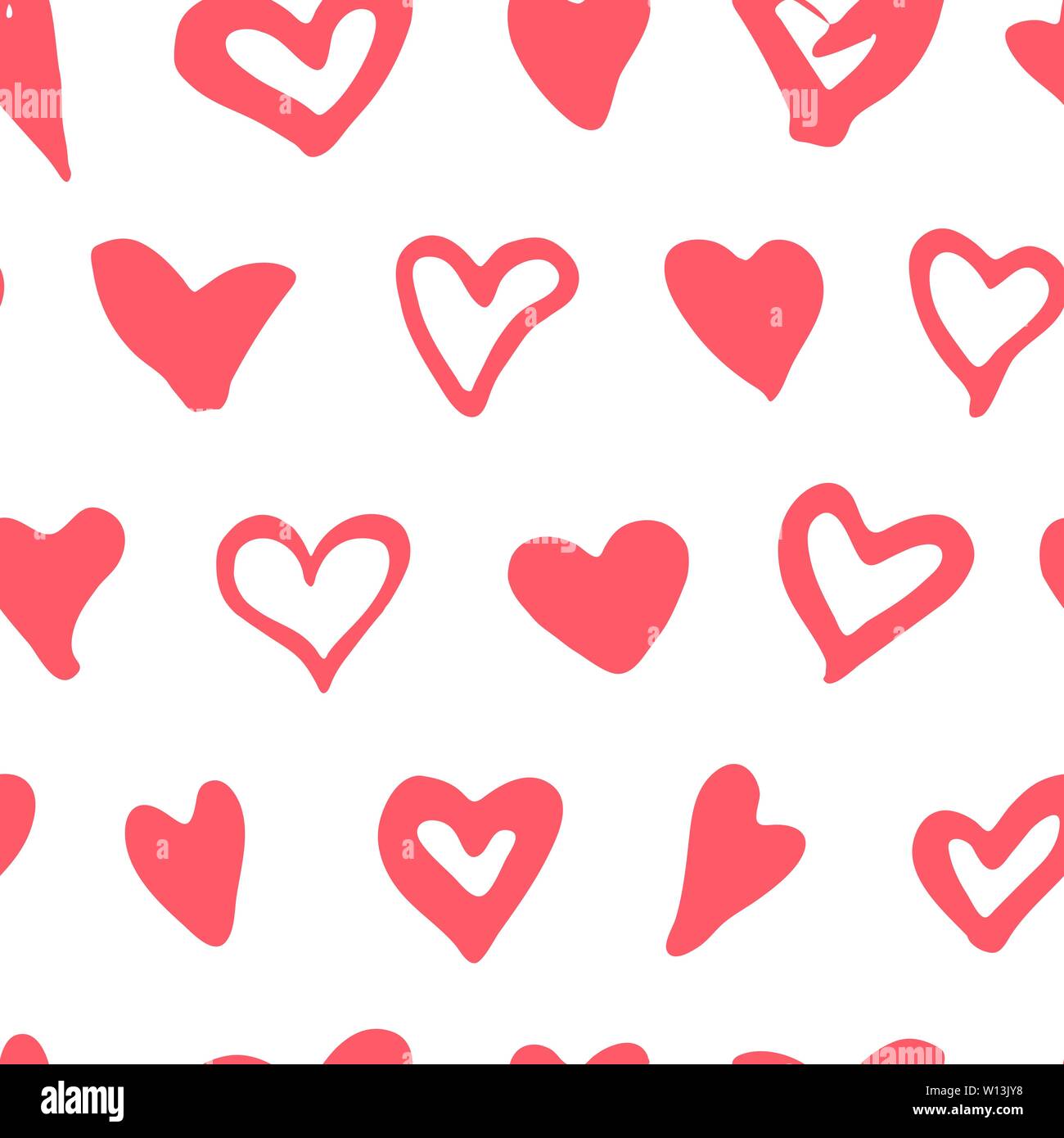 Doodle cuore seamless pattern. Il giorno di San Valentino, romantico, simboli di nozze. Sfondo con cuore silhouette. Amore francobolli. Vintage design elemento. Vecto Illustrazione Vettoriale