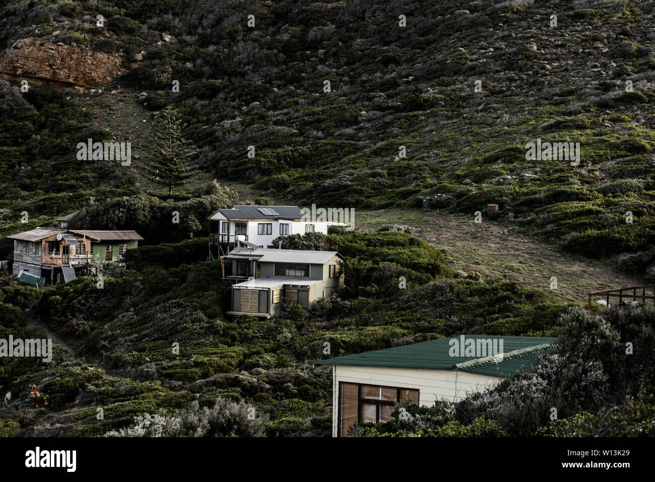 Un parafuoco tagliano fynbos per proteggere il piccolo insediamento di Smitswinkel Bay in Sud Africa è falso costa della Baia, nei pressi di Città del Capo Foto Stock