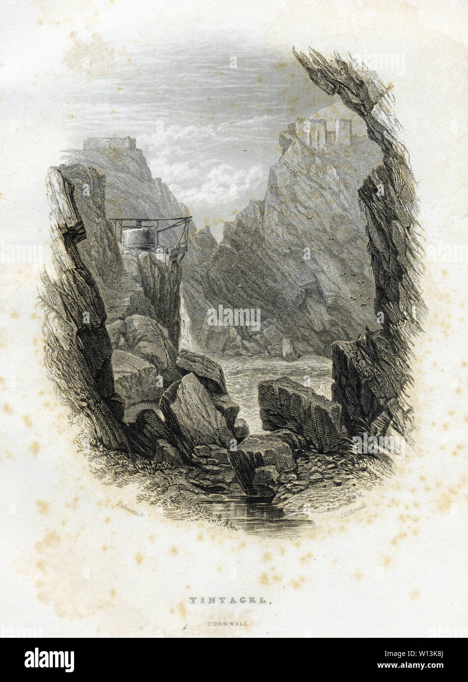 ENCW1159, Tintagel Castle, 1840 incisione il clifftop resti del castello medievale costruito sul sito di un molto prima di liquidazione e suppone la residenza del mitico re artù Foto Stock