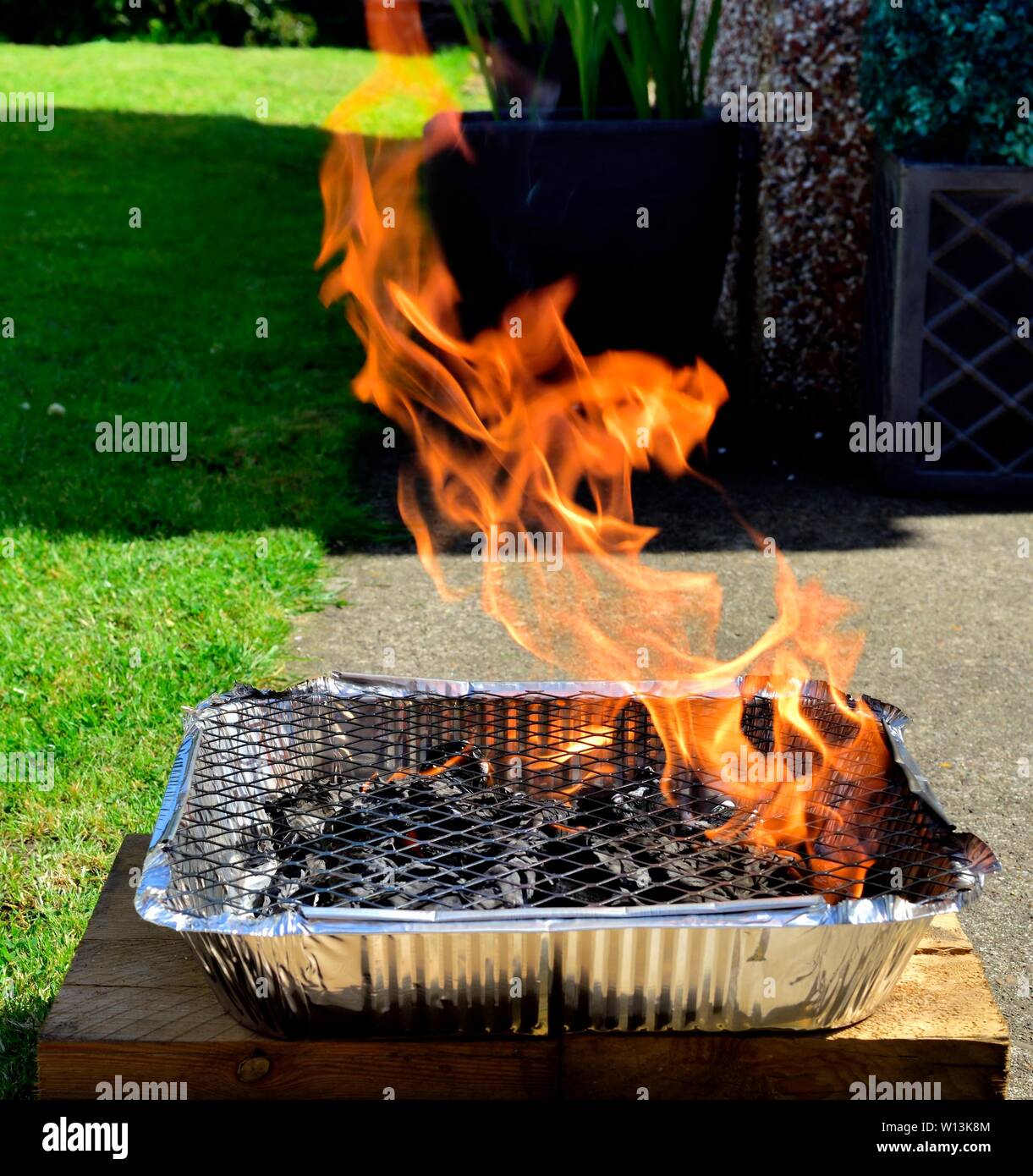 Usa e getta barbecue istantanea vassoio foglio,fired up,fiamme salta in alto Foto Stock