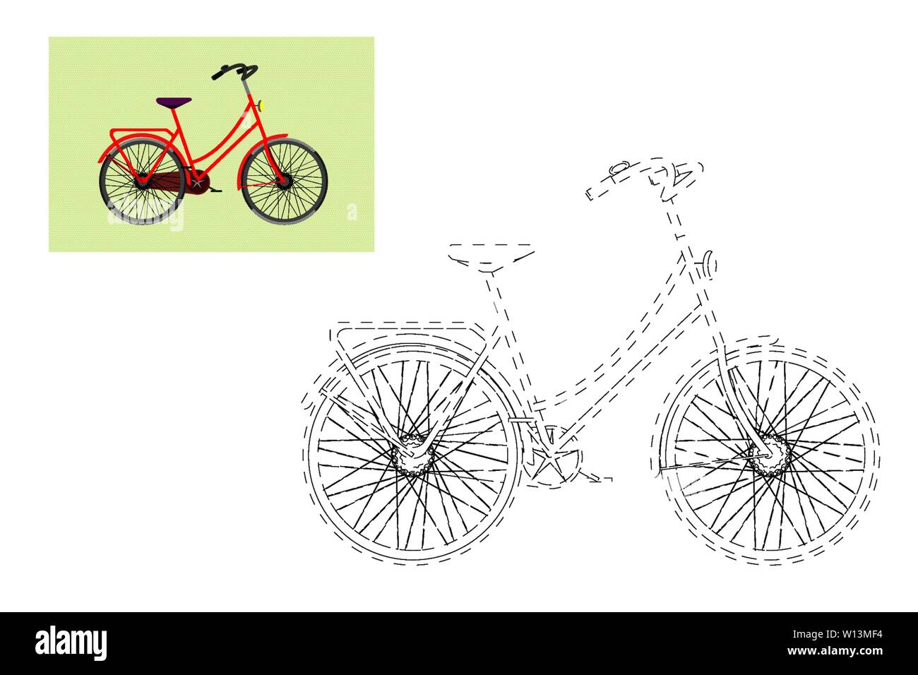 Colorazione. Semplice gioco educativo per i bambini. Illustrazione vettoriale di una bicicletta Illustrazione Vettoriale