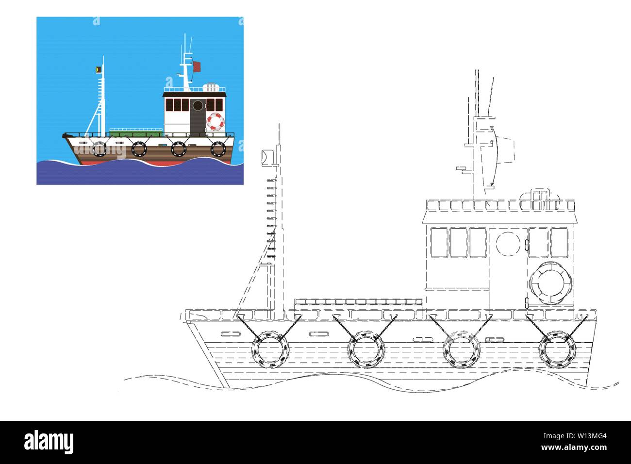 Colorazione. Semplice gioco educativo per i bambini. Nave illustrazione vettoriale Illustrazione Vettoriale