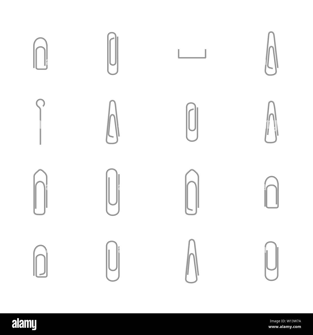 Set di acciaio diversi fermagli per carta isolato su sfondo bianco, illustrazione vettoriale. Illustrazione Vettoriale