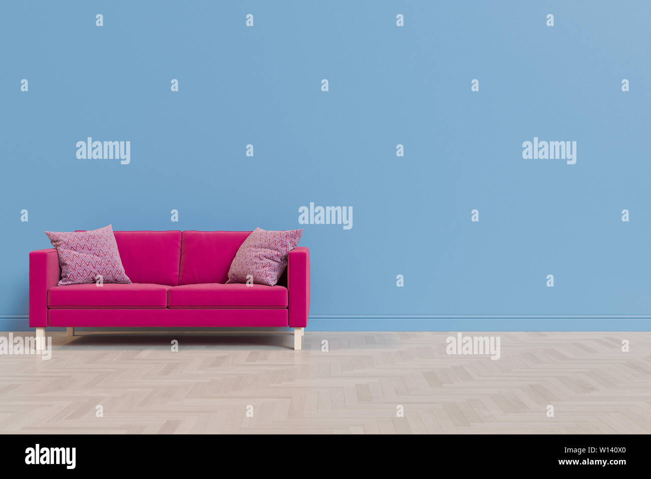 3d illustrazione di un soggiorno con un divano di tessuto contro lo sfondo di un vuoto di parete e pavimento in legno. Eseguire il rendering per mock up Foto Stock