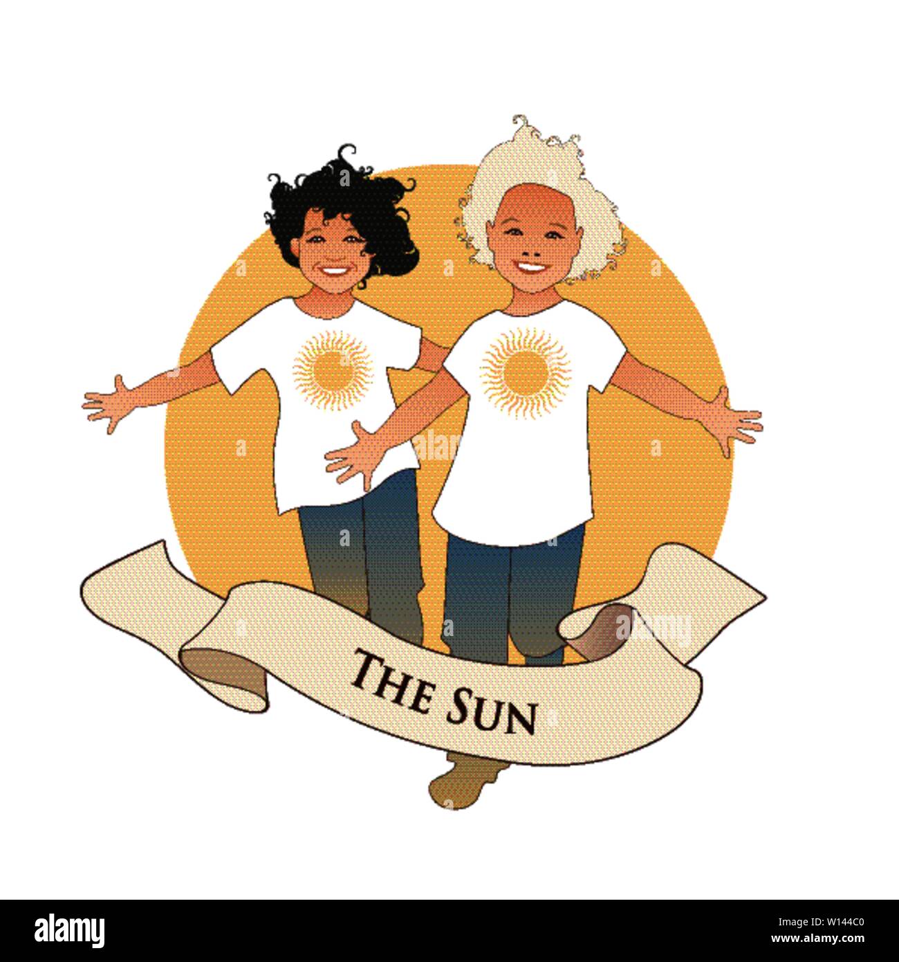 Arcani Maggiori dei Tarocchi emblema Card. Le sole due felice twin boys in esecuzione con le braccia aperte nella parte anteriore del sole, isolati su sfondo bianco Illustrazione Vettoriale
