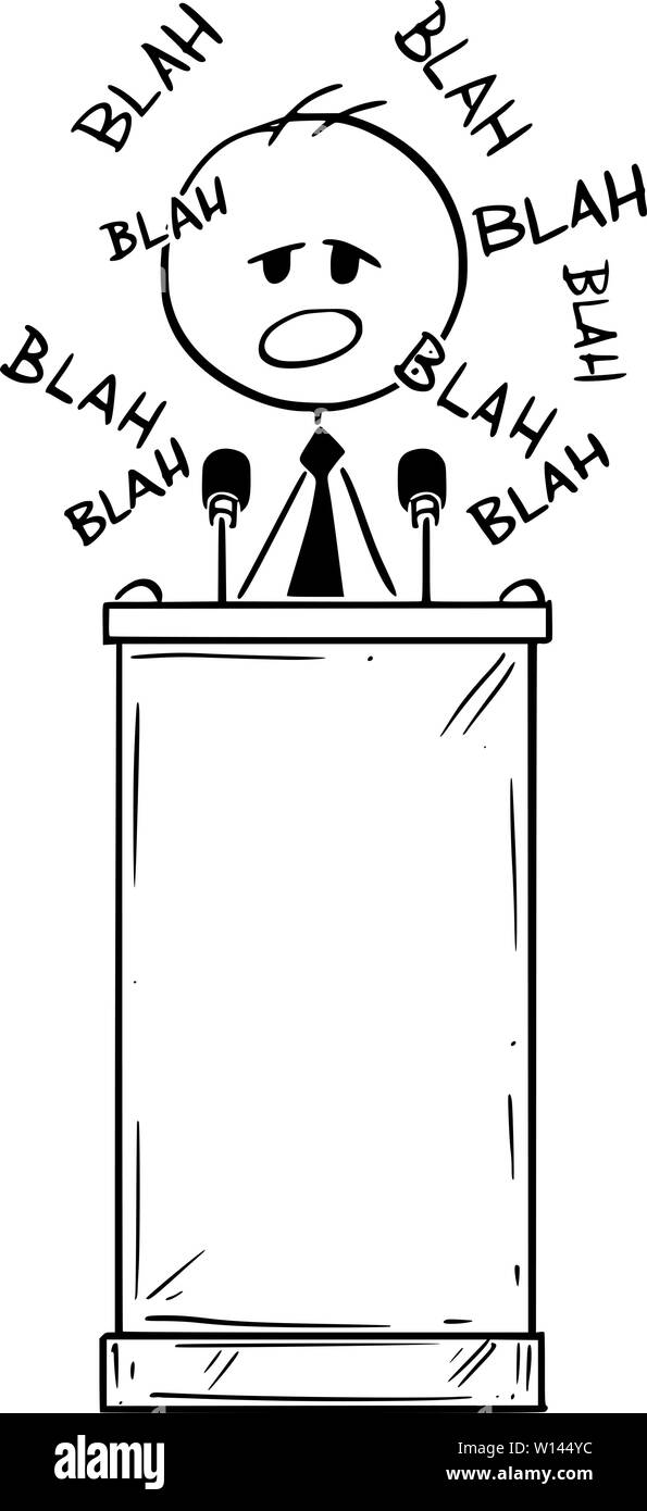 Vector cartoon stick figura disegno illustrazione concettuale dell'uomo o politico di parlare o avente noioso discorso sul podio o dietro il leggio e dicendo blah. Illustrazione Vettoriale