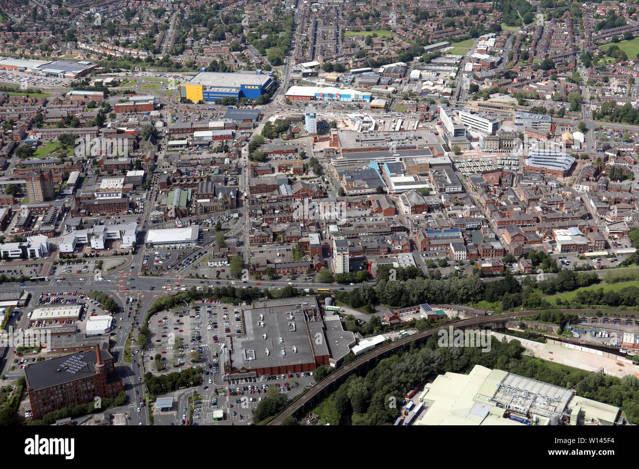 Vista aerea di Ashton Under Lyne, East Manchester, Regno Unito Foto Stock