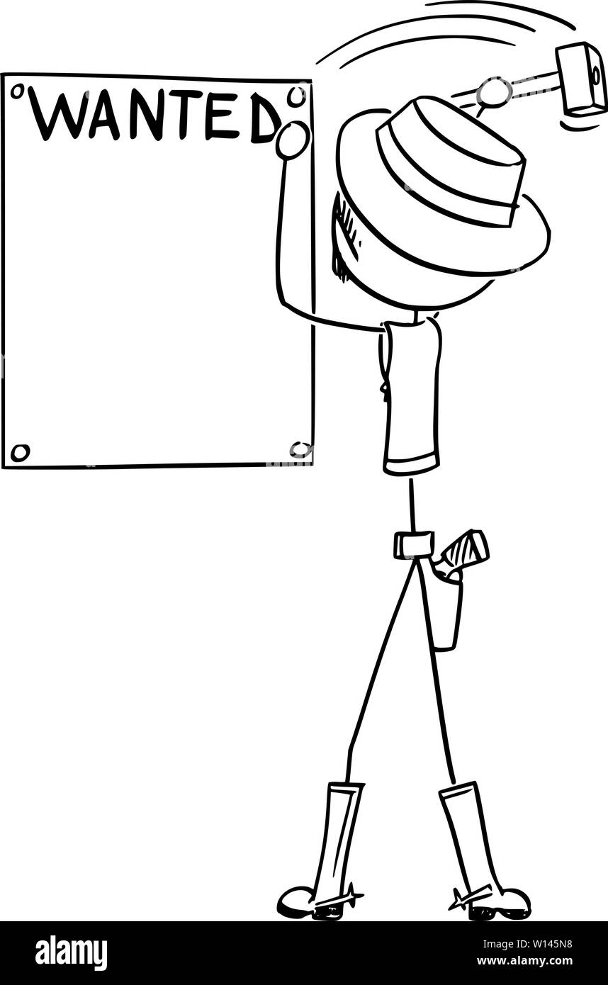 Vector cartoon stick figura disegno illustrazione concettuale del western cowboy o sceriffo di chiodatura criminale vuoto manifesto wanted. Illustrazione Vettoriale