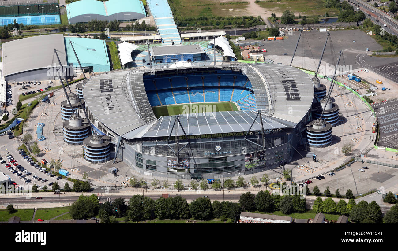 Vista aerea del Manchester City Etihad Stadium & formazione faclitlies Foto Stock