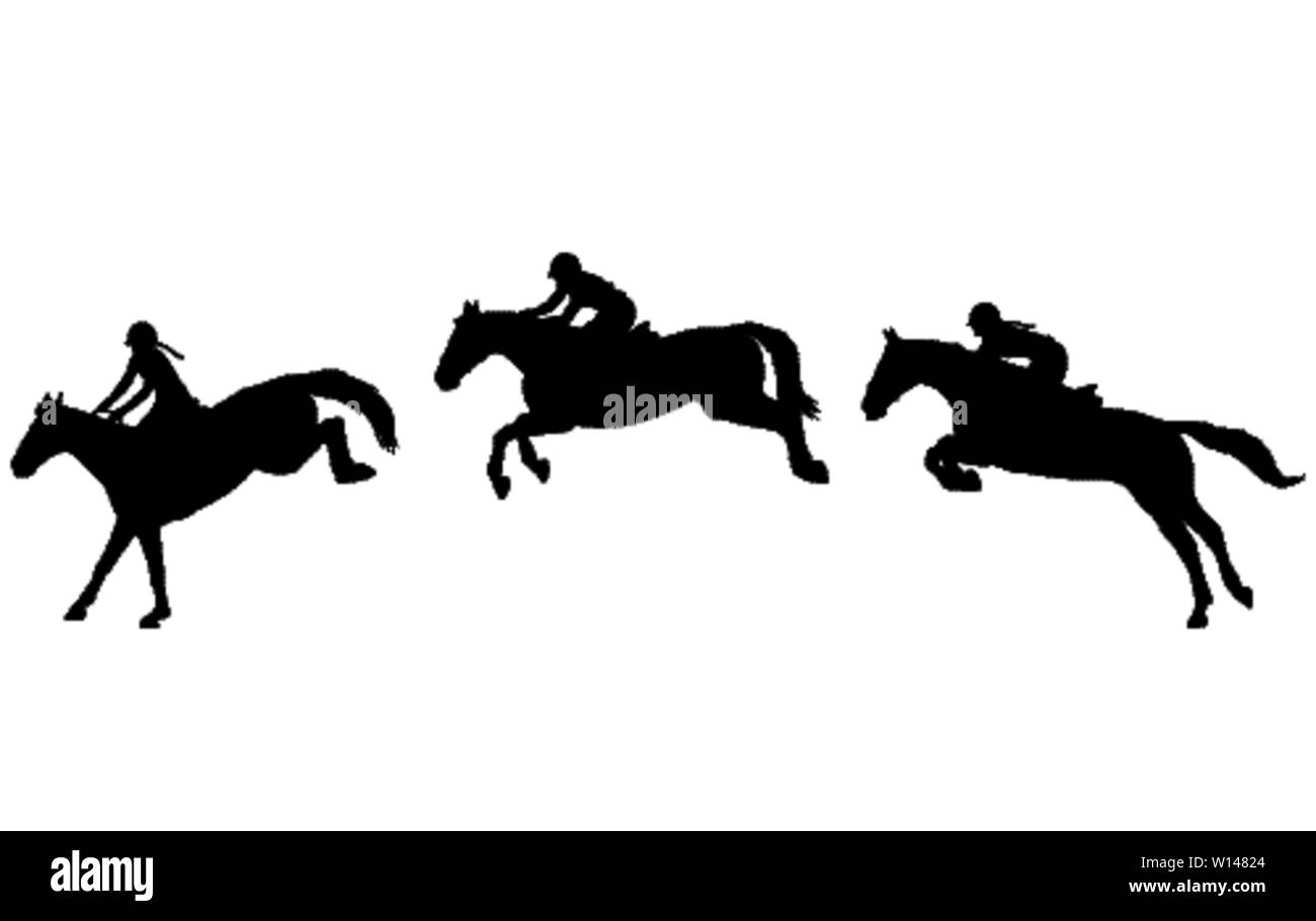 Cavaliere a cavallo salta in tre fasi, saltando da mostrare. Sport Equestri. Alta qualità - sagome vettore Illustrazione Vettoriale
