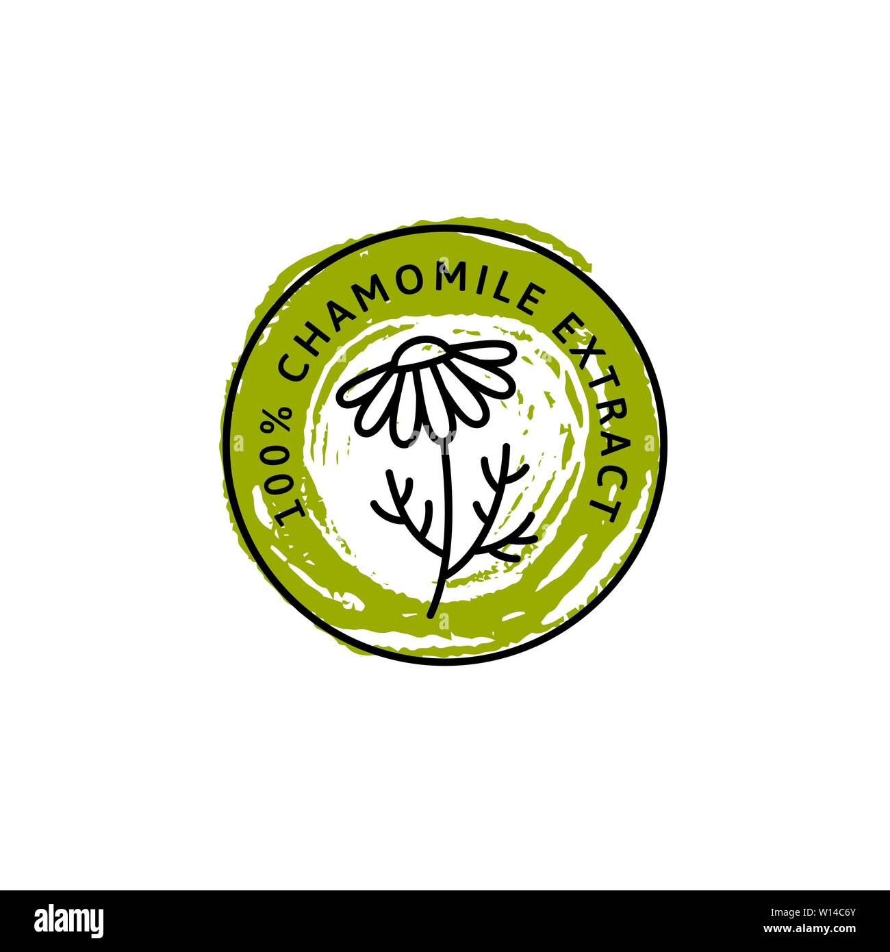 Fiori di camomilla badge e icona nella tendenza lineare e disegnare a mano stile - Logo vettoriale emblema della Camomilla medica può essere utilizzato il modello per il tè di imballaggio , prodotti cosmetici, medicinali, additivi biologici. Illustrazione Vettoriale