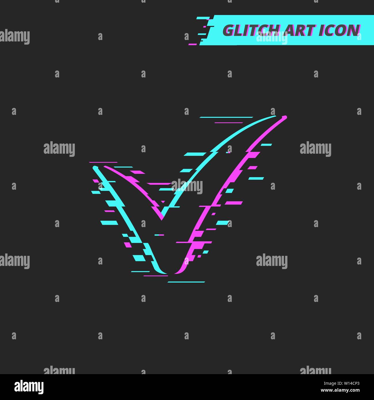 Controllare Glitch arte icona Vettore su sfondo nero. Segno di spunta Flat accettare segno. Illustrazione Vettoriale
