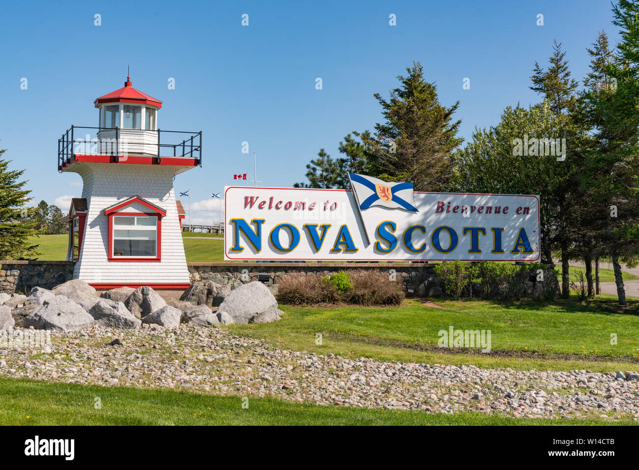 Benvenuti a Nova Scotia segno in provincia di confine in Canada Foto Stock