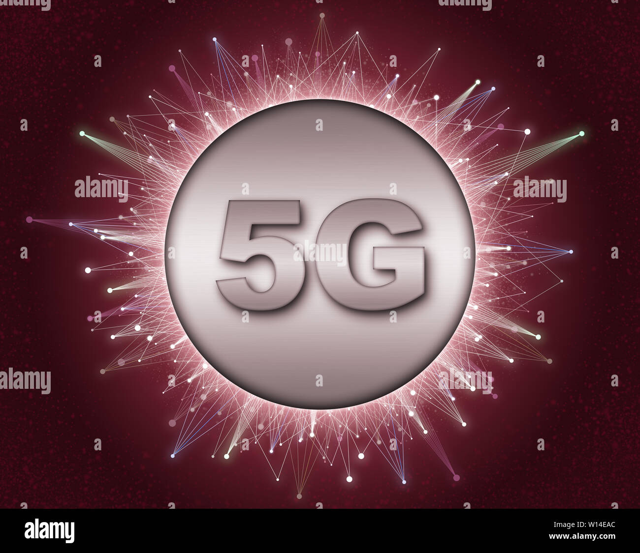 Concetto di 5G technology network, Internet mobile ad alta velocità, reti di nuova generazione. 3D rendering , background creativo . Foto Stock