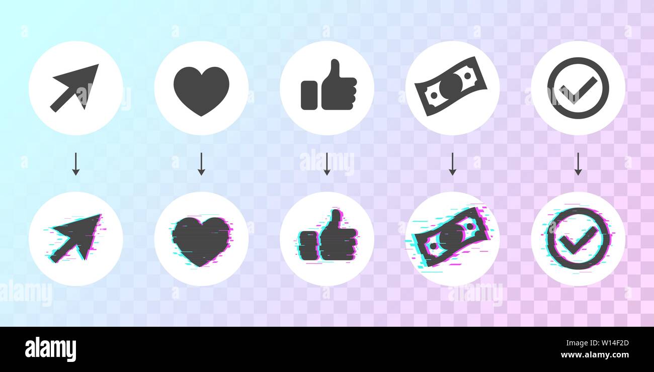 Dashboard icon set con Glitched versione per hover animare le azioni. Simboli aziendali vettore a tema. Ci sono freccia, cuore, amore, come dollaro e Illustrazione Vettoriale