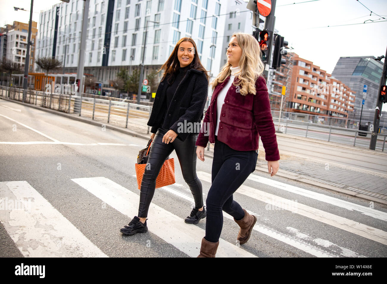 Amici di sesso femminile a parlare mentre si attraversa una strada di città Foto Stock