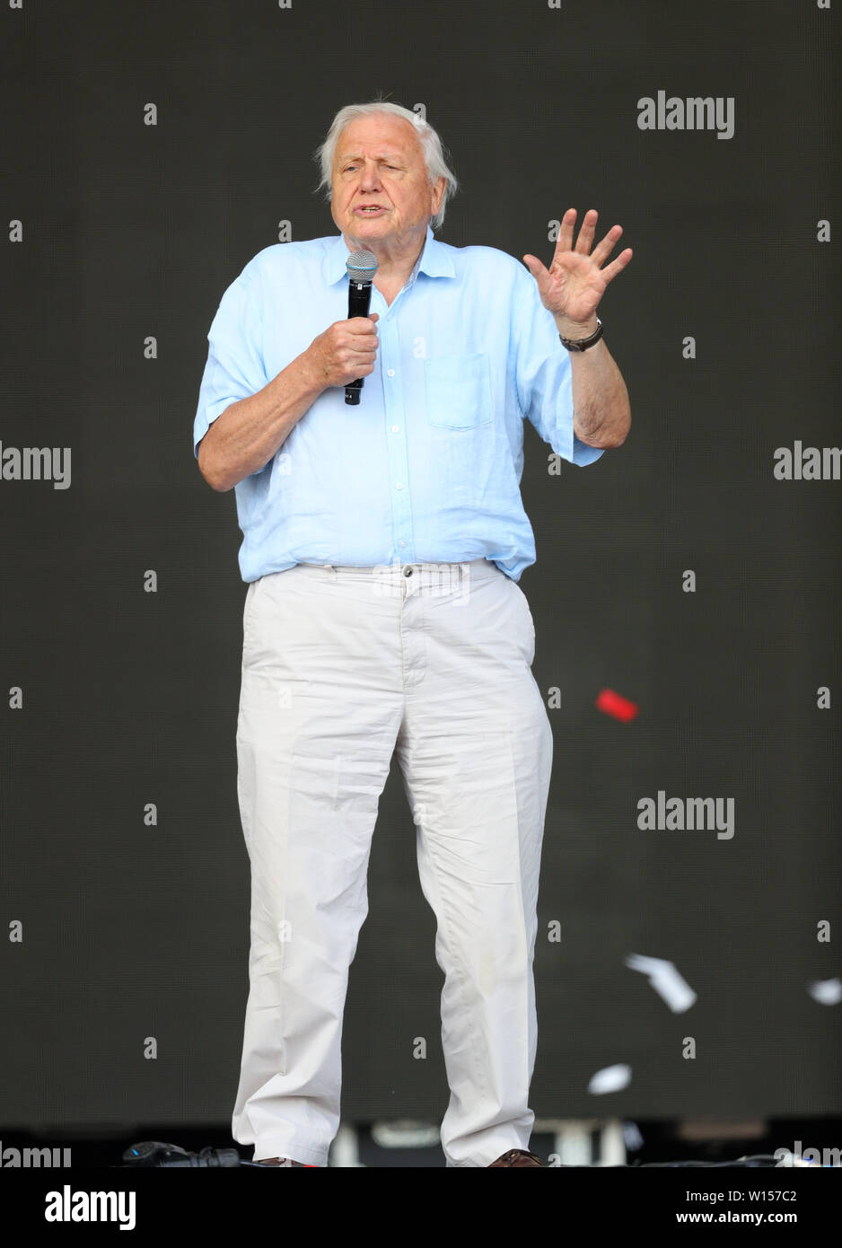 Sir David Attenborough facendo un'apparizione a sorpresa su Glastonbury la fase della piramide per il lancio della BBC di nuova storia naturale serie sette mondi, un pianeta che si premiere entro la fine di quest'anno. Foto Stock