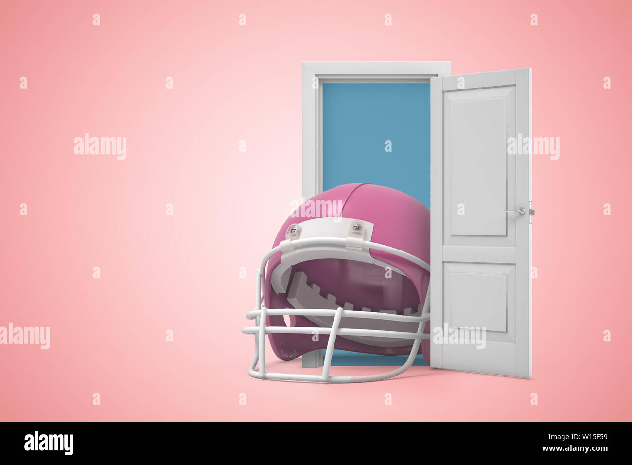 3D rendering di enormi rosa football americano casco di aprire la porta sul rosa copyspace gradiente dello sfondo. Foto Stock