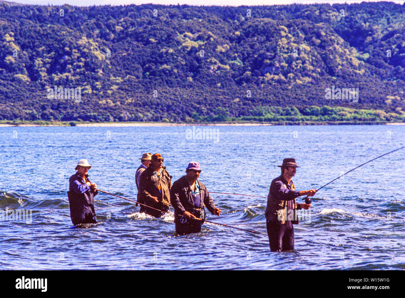 Nuova Zelanda, Isola del nord. Gli uomini di pesca in lago Taupo, una nota di pesca di trote con scorte di introdotto marrone e la trota arcobaleno. Foto scattata Novembre 19 Foto Stock